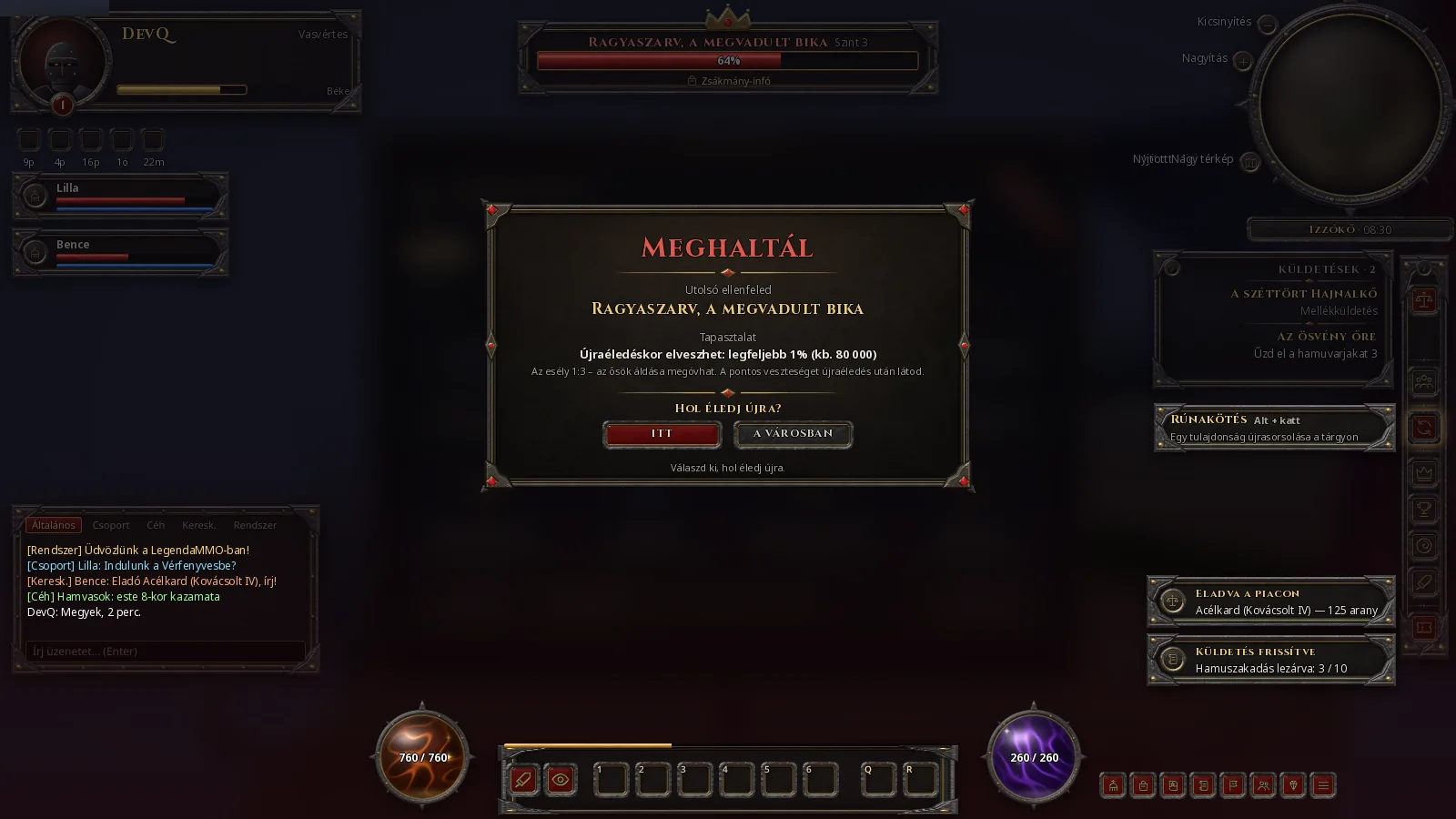 Death screen: revive here or in town.